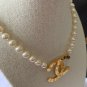 CHANEL Paris Logo CC Pendant Pearl Choker Necklace Gold Button Chain