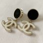 CHANEL White Enamel CC Black Circle Gold Rim Stud Drop Dangle Earrings
