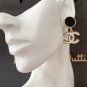 CHANEL White Enamel CC Black Circle Gold Rim Stud Drop Dangle Earrings