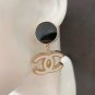 CHANEL White Enamel CC Black Circle Gold Rim Stud Drop Dangle Earrings