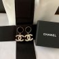 CHANEL White Enamel CC Black Circle Gold Rim Stud Drop Dangle Earrings