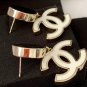 CHANEL White Enamel CC Black Circle Gold Rim Stud Drop Dangle Earrings