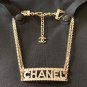 CHANEL Gold Double Chain CC Crystal Name Plate Choker Necklace NIB