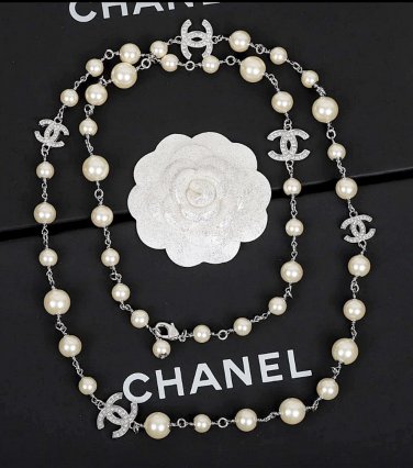 CHANEL Classic 5 Crystal CC Pearl Long Necklace Silver Metal Chain NIB