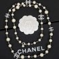 CHANEL Classic 5 Crystal CC Pearl Long Necklace Silver Metal Chain NIB