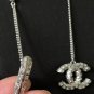 CHANEL Crystal Baguette CC Dangle Drop Earrings Silver Metal Chain NIB