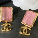CHANEL Vintage Pink Crystal Candy Yellow Gold CC Dangle Drop Earrings NIB