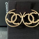 CHANEL Big Hoop CC Crystal Baguette Gold Metal Earrings NIB