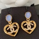 CHANEL Blue Crystal Stud Gold Metal Heart CC Dangle Drop Earrings NIB