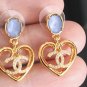 CHANEL Blue Crystal Stud Gold Metal Heart CC Dangle Drop Earrings NIB