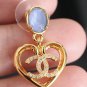 CHANEL Blue Crystal Stud Gold Metal Heart CC Dangle Drop Earrings NIB