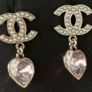CHANEL Pearl Motif CC Stud Pink Crystal Heart Gold Metal Dangle Earrings NIB