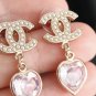 CHANEL Pearl Motif CC Stud Pink Crystal Heart Gold Metal Dangle Earrings NIB