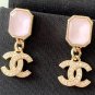 CHANEL Soft Pink Glass Stud Gold Crystal CC Dangle Drop Earrings NIB