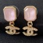 CHANEL Soft Pink Glass Stud Gold Crystal CC Dangle Drop Earrings NIB