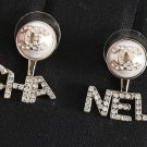 CHANEL Pearl Stud Crystal CC Name Logo TWO in ONE Gold Metal Earrings NIB