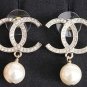 CHANEL Gold Crystal Embellished CC Pearl Dangle Drop Earrings NIB
