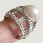 CHANEL Vintage Big Pearl White Crystal CC Logo Silver Metal Ring