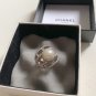 CHANEL Vintage Big Pearl White Crystal CC Logo Silver Metal Ring