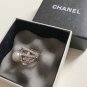 CHANEL Vintage Big Pearl White Crystal CC Logo Silver Metal Ring