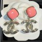 CHANEL Gold Metal CC Dangle Vintage Enamel Pink Stud Earrings NIB