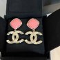 CHANEL Gold Metal CC Dangle Vintage Enamel Pink Stud Earrings NIB