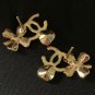 CHANEL Clover Crystal Heart CC Gold Metal Stud Earrings 2022 NIB