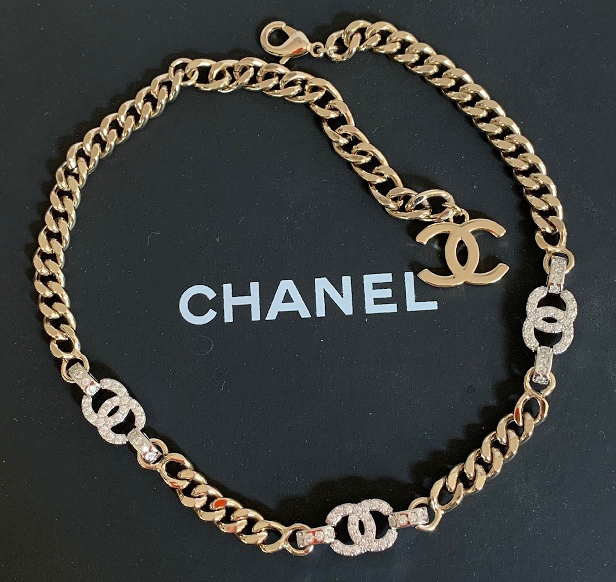 CHANEL 3 Silver Crystal CC Light Gold Cuban Chain Choker Necklace NIB