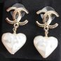 CHANEL Classic Gold Metal CC Stud Pearl Heart Drop Earrings 2021 NIB