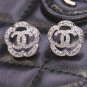 CHANEL Camelia Silver Crystal CC Stud Earrings Classic Authentic NIB