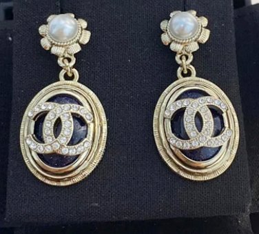 CHANEL Pearl Stud Gold Black Marble Medal Crystal CC Drop Earrings NIB