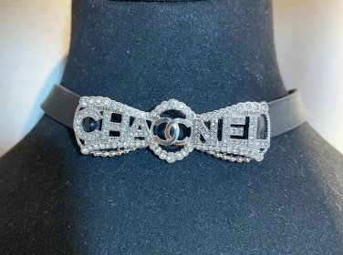 CHANEL CHIC Black Leather Choker Necklace Silver Crystal CC 2022 NIB