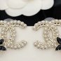CHANEL Gold Weaved Seed Pearl Big CC Black Flower Stud Earrings NIB