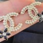 CHANEL Gold Weaved Seed Pearl Big CC Black Flower Stud Earrings NIB
