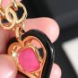 CHANEL Black Enamel Heart Pink Glass Pendant Gold CC Chain Necklace NIB