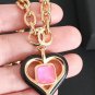 CHANEL Black Enamel Heart Pink Glass Pendant Gold CC Chain Necklace NIB