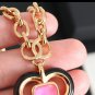 CHANEL Black Enamel Heart Pink Glass Pendant Gold CC Chain Necklace NIB
