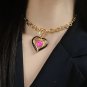 CHANEL Black Enamel Heart Pink Glass Pendant Gold CC Chain Necklace NIB