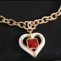 CHANEL White Enamel Heart Red Ruby Glass Pendant Gold CC Chain Necklace NIB