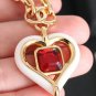 CHANEL White Enamel Heart Red Ruby Glass Pendant Gold CC Chain Necklace NIB