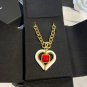 CHANEL White Enamel Heart Red Ruby Glass Pendant Gold CC Chain Necklace NIB