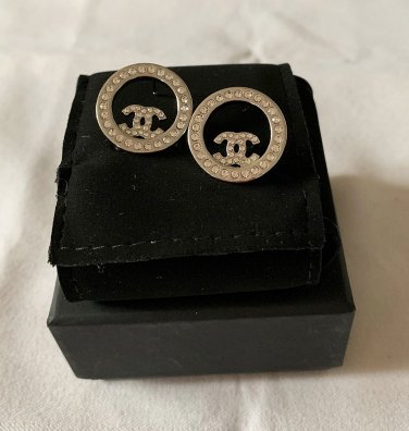 CHANEL Crystal Silver Medium Circle CC Stud Earrings CLASSIC 23V NIB