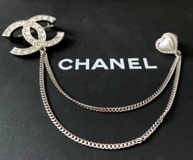 CHANEL Crystal CC Brooch Duo Silver Metal Chain Pearl Heart Pin 23B NIB