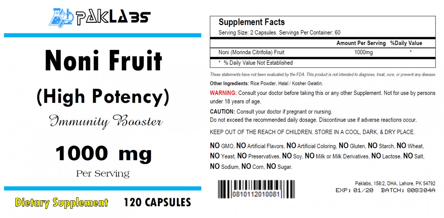 Noni Fruit (Morinda Citrifolia) HIGH POTENCY 1000mg Serving 120