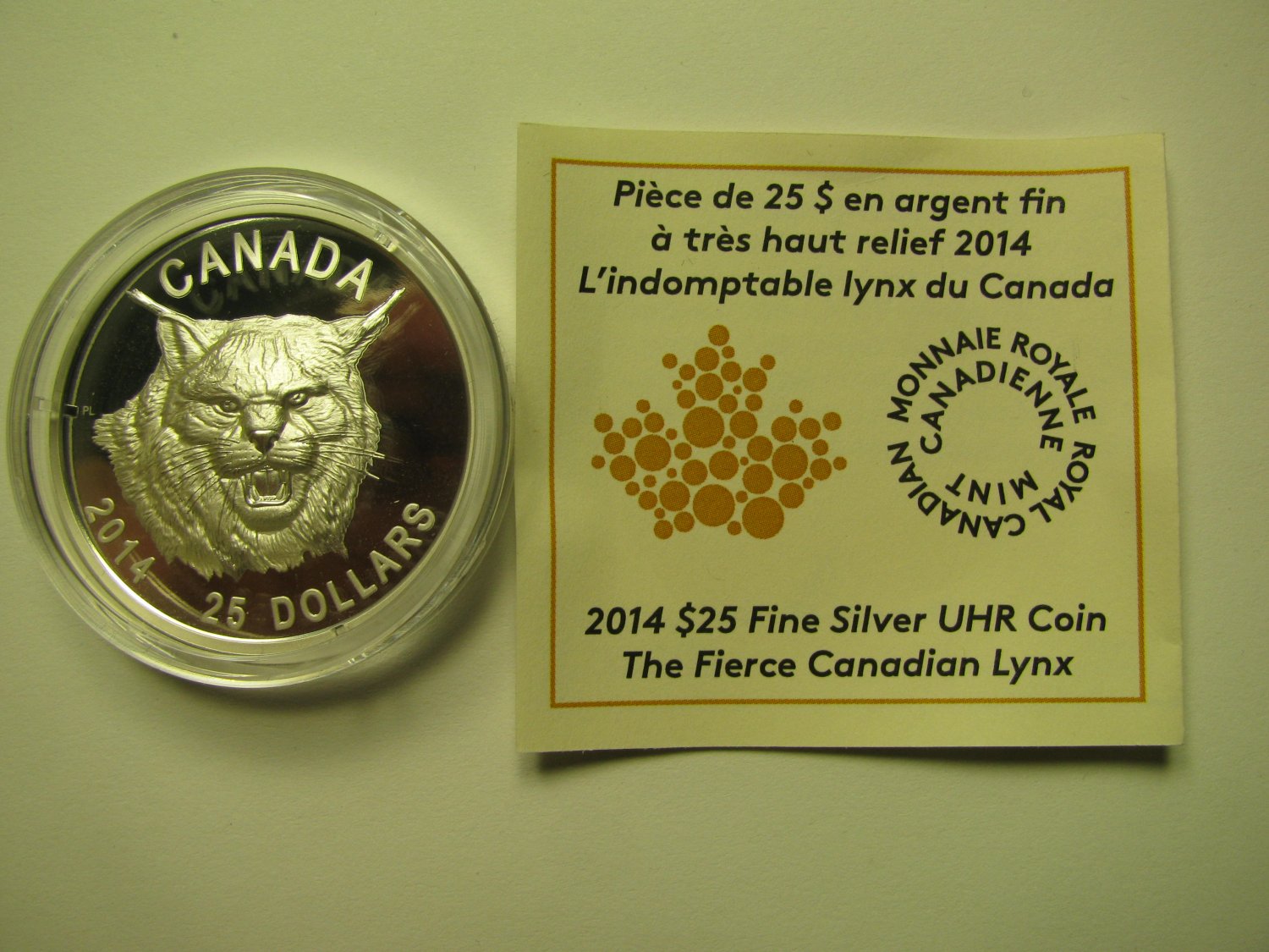 2014 Proof $25 Fierce Canadian Lynx UHR Canada COIN&COA ONLY Ultra High Relief .9999 silver
