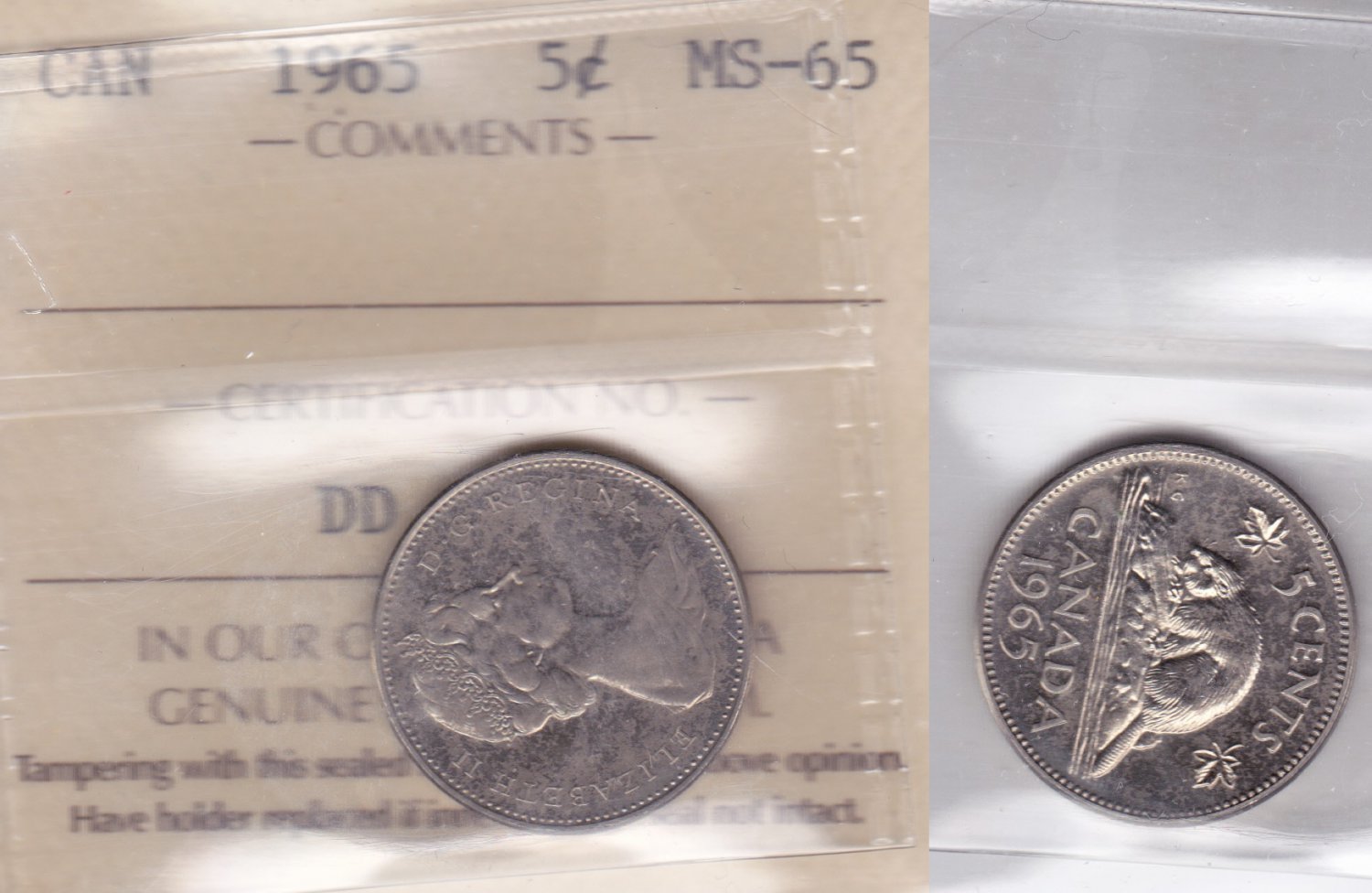 1965 ICCS MS65 5 cents Canada five nickel DD 297