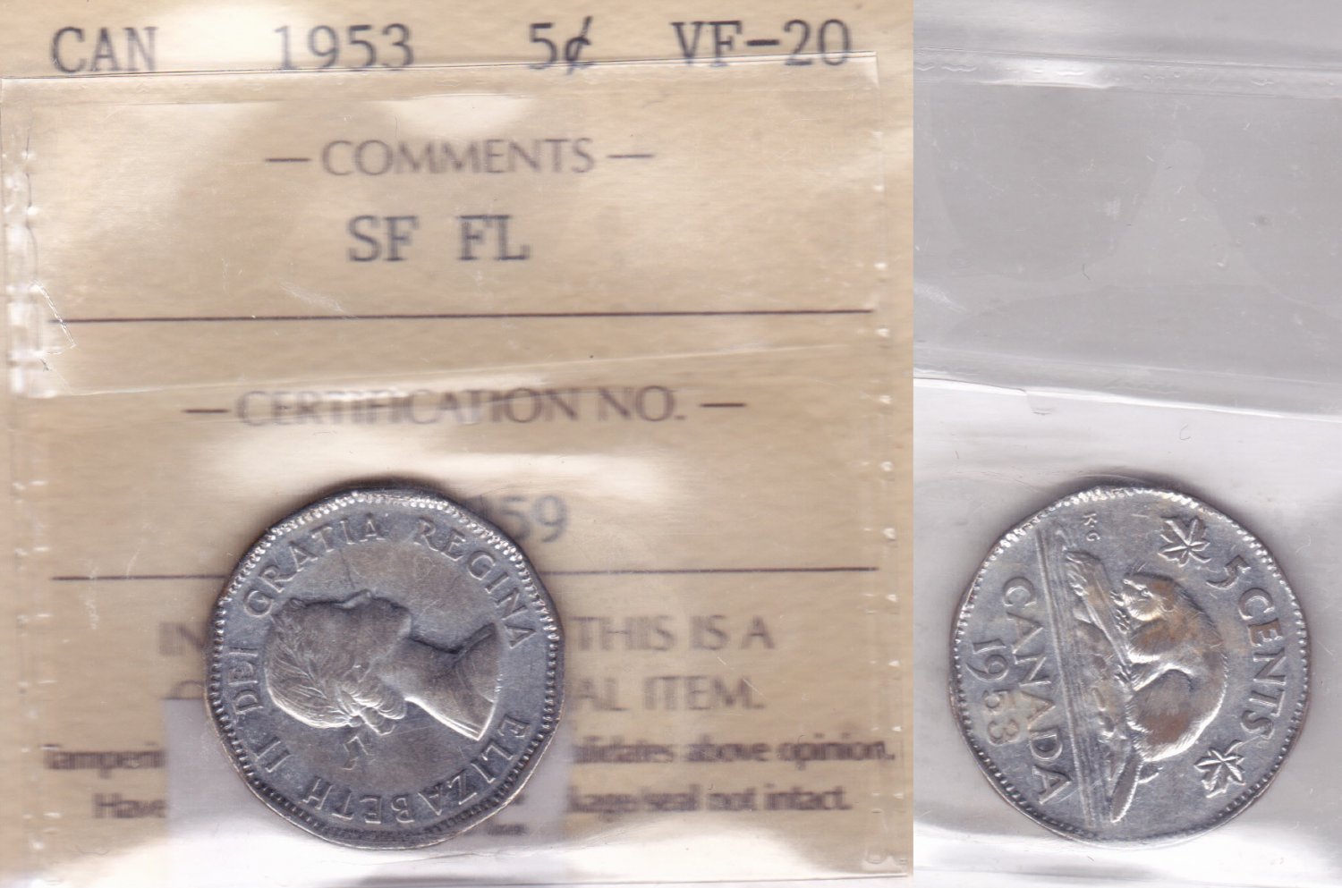 1953 ICCS VF20 5 cents SF FL (Shoulder Fold Far Leaf Mule) Canada five nickel WL 359