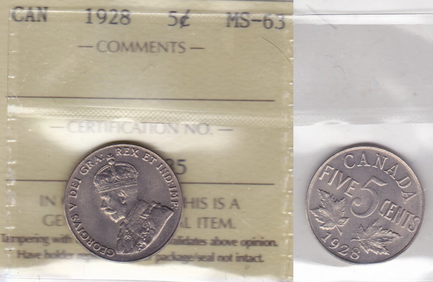 1928 ICCS MS63 5 cents Canada five nickel XJR 985