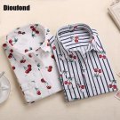 Dioufond New Floral Long Sleeve Vintage Blouse Cherry Turn Down Collar Shirt
