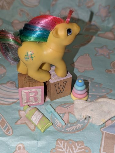Vintage G1 My Little Pony MLP - FT - baby Tac Toe with accessories first tooth